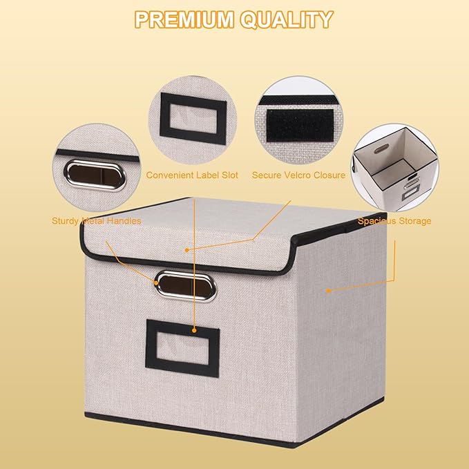 Large Square Storage Bin with Lid, Foldable Organizer Box with Handles & Label Design, for Office, Closet, Home, Documents, Grey, 12.20 x 10.63 x 10.63 Inches, 4 Pack