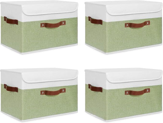 ANMINY 4PCS Storage Boxes with Lid Washable Decorative Storage Bins Basket with PU Leather Handle Foldable Linen Fabric Storage Cubes Containers for Home Closet Organizer - Green White, Large Size