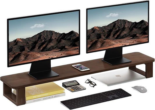 Ufine Dual Monitor Stand Riser 39.3 Inch Wood Desk Shelf Desktop Organizer | 2 Heights Adjustable, Ergonomic Computer Monitor Stand for 2 Monitors, Laptop, TV, Printer