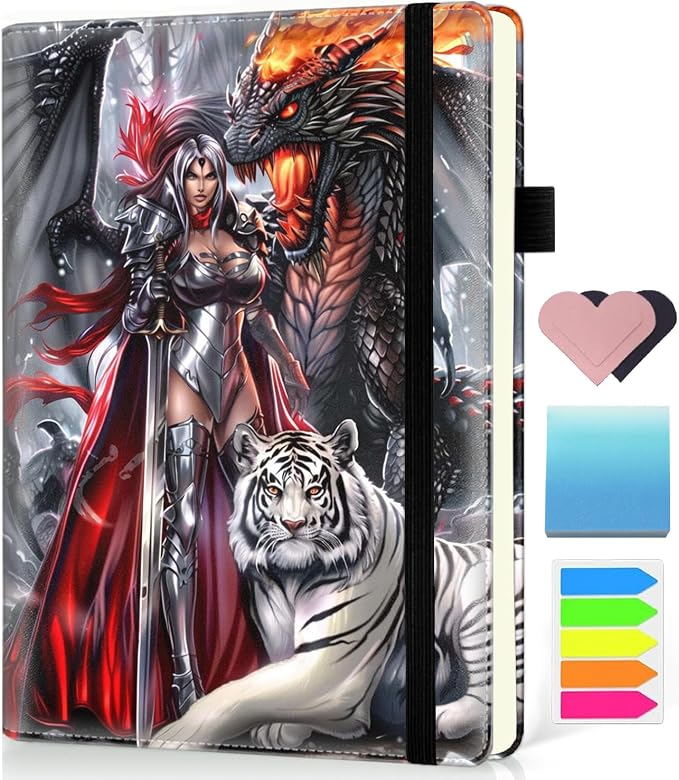Hardcover Executive Notebooks, A5 PU Leather Lined Journal Notebook, 200 Pages Thick Paper Subject Notebooks for School,Work,Home Writing Business Notebook, Diary Book ，Female Warrior and Dragon