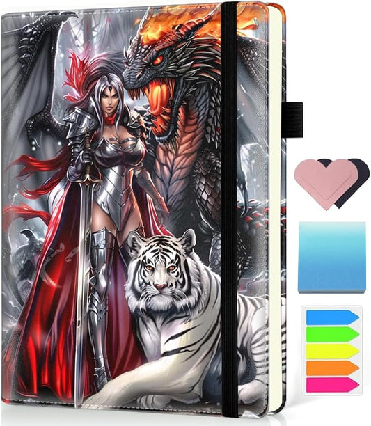 Hardcover Executive Notebooks, A5 PU Leather Lined Journal Notebook, 200 Pages Thick Paper Subject Notebooks for School,Work,Home Writing Business Notebook, Diary Book ，Female Warrior and Dragon