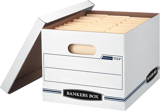 Bankers Box 12-Pack Basic-Duty File Storage Box with Lid, Letter/Legal | Tame everyday paperwork with affordable file boxes, lift-off lids, and reinforced handles for simple record storage.