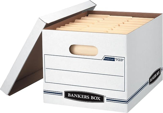 Bankers Box 12-Pack Basic-Duty File Storage Box with Lid, Letter/Legal | Tame everyday paperwork with affordable file boxes, lift-off lids, and reinforced handles for simple record storage.