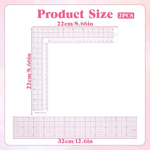2 Pcs Clear Sewing Ruler, Transparent L-Square Rule&12 Inch Plastic Fabric Sewing Ruler 8.5 Inch Square Framing Measuring Tool 90 Degree Right Angle Rulers for Pattern Grading Making