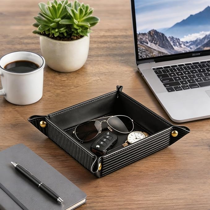 YAPISHI Light Luxury Valet Tray for Men, PU Leather Vanity Jewelry Tray & Decorative Perfume Catchall, Folding Travel EDC Dump Tray, Nightstand Organizer Caddy for Keys, Watches, Coin Bowl Dish