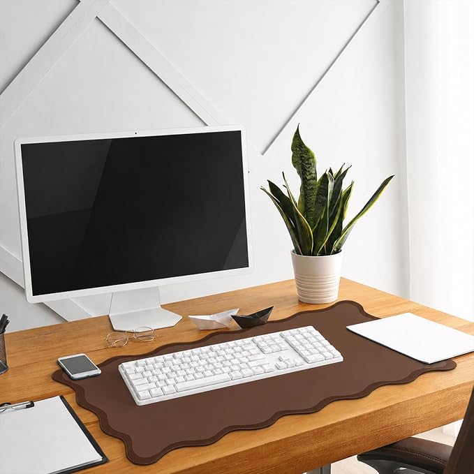 Hahafelt Scalloped Desk Mat Large Desk Pad Cute Coquette Table Mat Back to School Preppy Table Make up Pad Nonslip Graduation Gift with Stitching Waterproof Gaming(Brown,31.5 x 15.8 Inches)