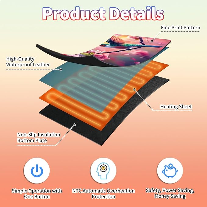 Heated Desk Pad Large Mouse Pad 31.5 x 13 inch with 3 Levels Heating & Auto Shut-Off Warm Mouse pad PU Leather Computer Mousepad for Home Office Work - Cherry Blossom and Hummingbird