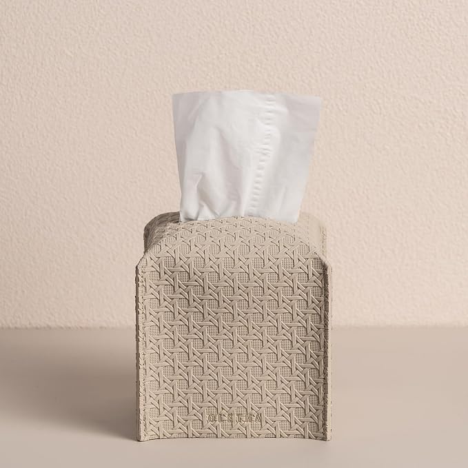 OLETHA Square Tissue Box Cover - Aesthetic Desk Decor for Room, Home & Office - Tissues Cube Boxes Holder - Lattice Patterns, Light Taupe