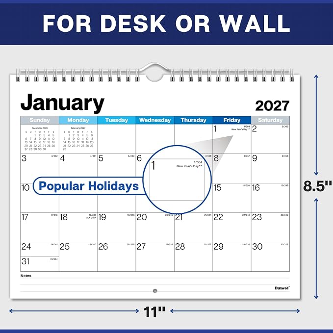 Dunwell Wall Calendar 2026-2027, 8.5" x 11", 18 Months Jul. 2026 to Dec. 2027, Durable Twin Wire Binding, Thick Paper, Small Desk Calendar Planner For Home, Office, School, Simple Design, Easy Read