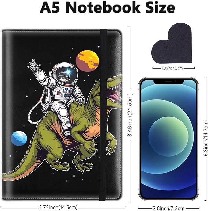 A5 Leather Lined Journal Notebook, 200 Pages Hardcover Executive Notebook for Office School Note Taking, Thick Writing Paper Daily Journal with Bookmarks/Indexes, Space Astronaut Riding Dinosaur