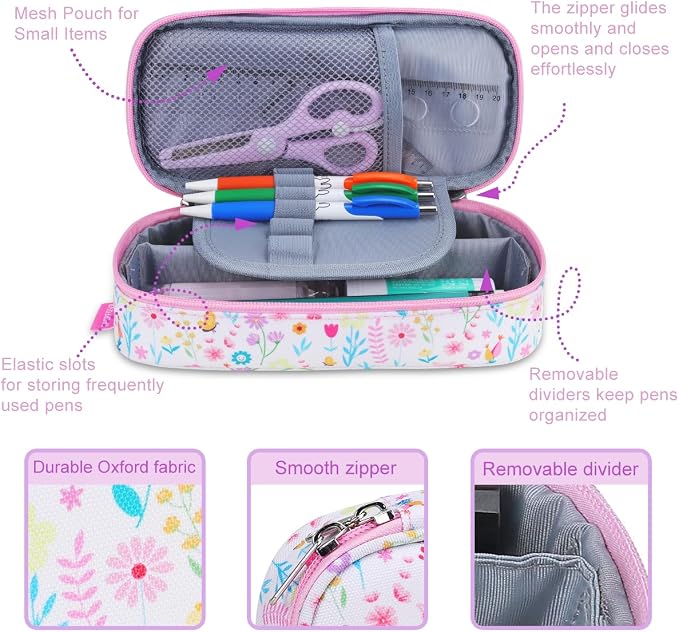 RHCPFOVR Kids Pencil Case for Girls-Soft Zipper Large Capacity Pencil Pouch for Girls Pencil Case for School Pencil Bag for Toddler (Leaf & Flower)