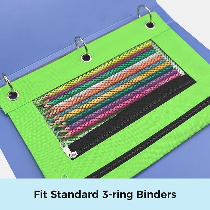 Pencil Pouch for 3 Ring Binder, Pencil Case Bag with Zipper, 600D Fabric Pencil Pouch Holder Accessories, Clear Window Pencil Case Aesthetic Back to School Organizer Pockets for Boy Girl (Green)
