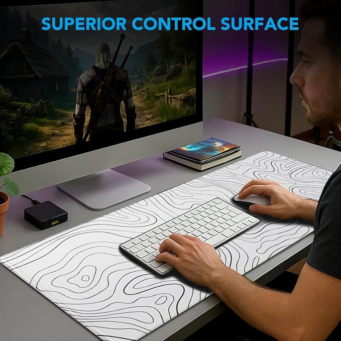 Gaming Mouse Pad, Large Pad with Non-Slip Rubber Base, Waterproof Mousepad with Stitched Edges, XXL Computer Long Keyboard Mouse Mat for Gamer, Office & Home, 31.5" x 15.7", White Black Lines