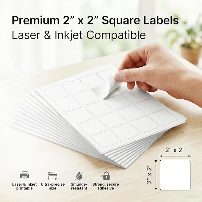 2" X 2" Matte White Printable Labels (100 Sheets, 2000 Stickers) Custom Labels, Logo Stickers, QR Codes for Laser & Inkjet Printers - Spartan Industrial Template S002