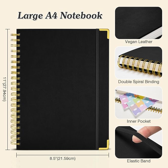 Spiral Notebook 8.5" x 11",300 Numbered Pages Lined Notebooks College Ruled | 100GSM Thick Journal for Women Men, Hardcover Leather Lined Journal for Writing, Large A4 Notebooks for Work School,4 Contens