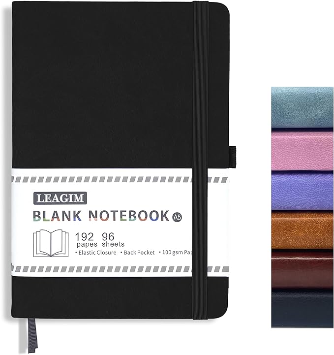 Blank Journal Notebook, A5, 192 Pages 100 GSM Thick Sketch Book for Women Men, Hardcover Leather Unlined Journaling for Work, Notebooks for Writing, 5.8 inches x 8.5 inches (Black)