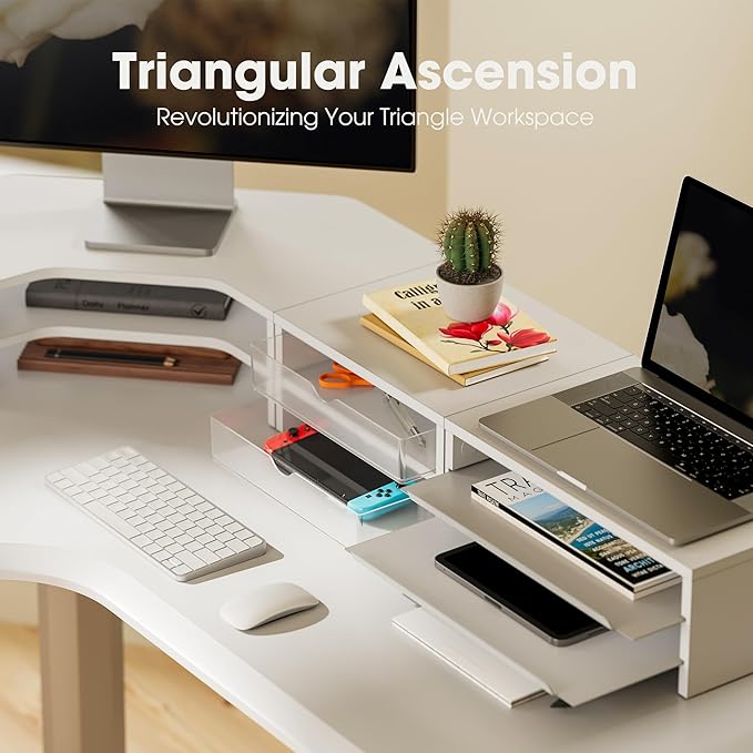 Fenge Dual Monitor Stand, Corner Desk Shelf with Drawer & Slide-Out Tray | Modular Design for Flexible Layouts, 2-Tier Storage Desktop Organizer for Computer, Laptop, Printer and Telephone