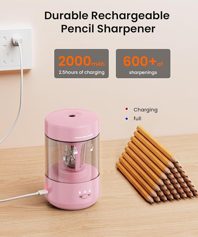 Electric Pencil Sharpener for Classroom, Fully Automatic Pencil Sharpener for 6-8mm Pencils & Colored Pencils, Auto in & Out Type-C Rechargeable Pencil Sharpeners for Home, School Light Pink