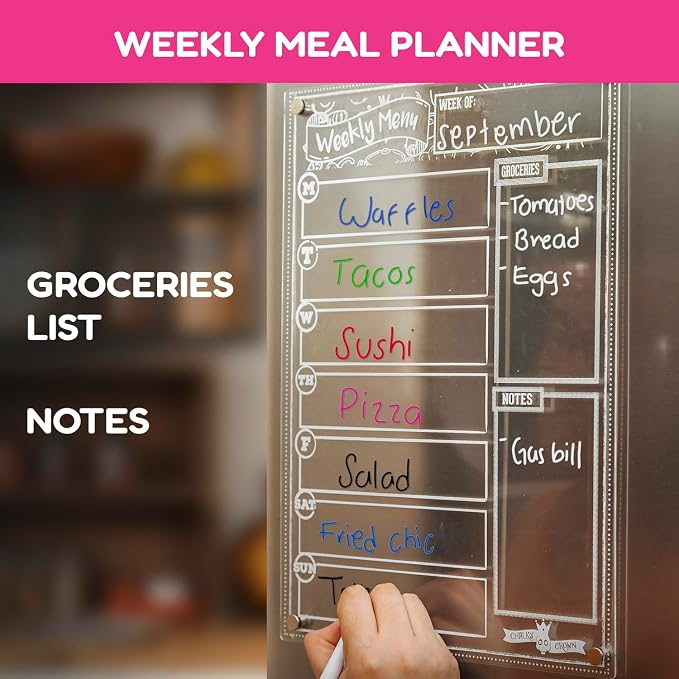 CHALKY CROWN Acrylic Magnetic Weekly Planner for Fridge - Menu Board for Kitchen with 8 Magnetic Markers - Weekly Meal Planner for Fridge with Grocery List & Notepad - Menu Planner (14.5x10.2)
