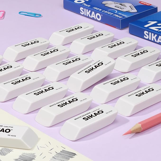 White Erasers, 6 Pack Pencil Erasers | Latex-Free & Smudge-Free Beveled Rubber Erasers for School Supplies, Classroom, Tests & Homework