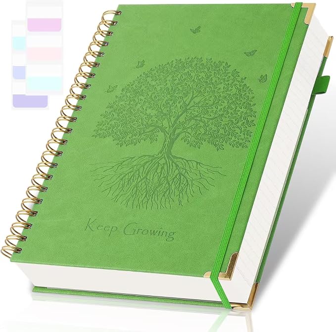 Spiral Notebook, College Ruled Notebook, 8.5" x 11", 300 Pages Leather Journals for Writing, A4 Hardcover Journaling Notebooks for Work School, 24pcs Tabs, Large Embossed Journal for Women Men, Green2