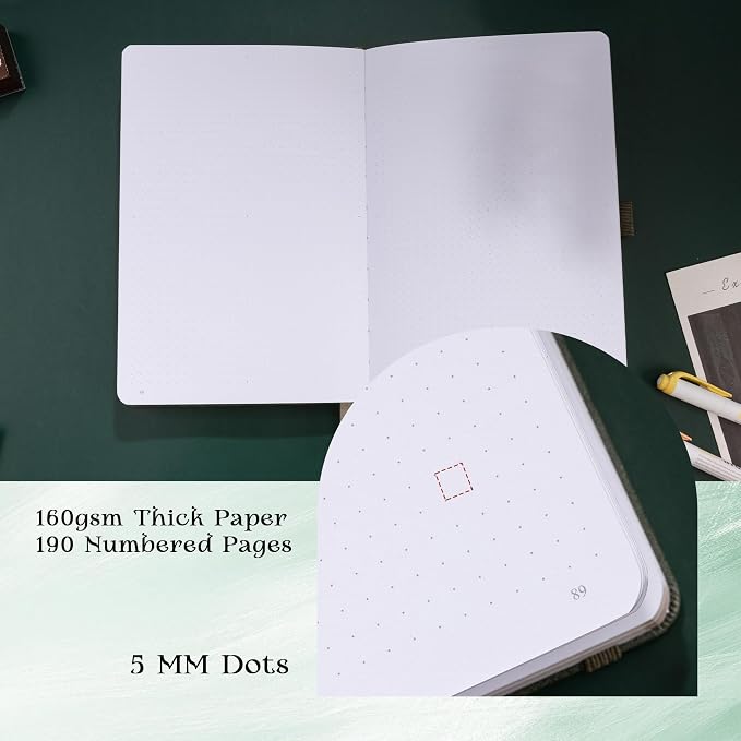 MGGAO Dotted Journal for Women Men, A5 Hardcover Dot Notebook | Aesthetic Notebook with 190 Numbered Pages, 160 GSM Thick Paper, Golden Edges, for Writing, Note Taking, Journaling