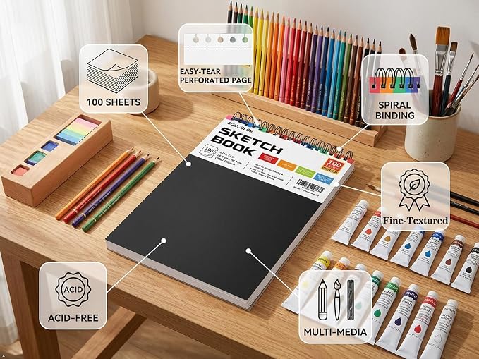 Soucolor Sketch Book 9x12,100 Sheets, Kids Art Sketchbook for Drawing Pad | 68lb Acid-Free,Fine-Texture Matte,No Bleed-Through,Top Spiral Lay-Flat, Micro-Perforated — Dry Media, Sketch Book for Adults