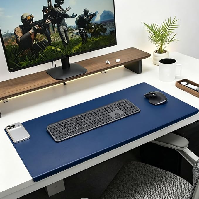 Edge-Locked Leather Desk Pad, Desk Blotter with Full Grip Fixation Lip, Waterproof Large Office Table Mat, Non-Slip Laptop Mouse Pads for Work Typing Writing (Navy,35.4"x19.7")