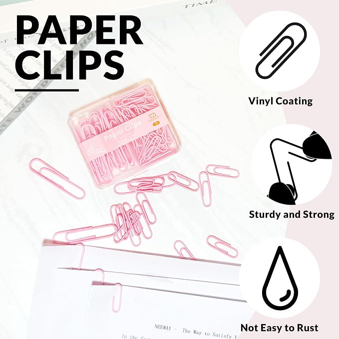 NEEWAY Colorful Paper Clips Assorted Sizes, Small and Large Paper Clips, 70 Count (Light Pink)