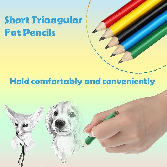 Marspark 30 Pcs Short Triangular Fat Pencils Bulk First Day of School 3.5 Inch Wooden Jumbo Pencils with Sharpener and 2 Erasers for Preschoolers, Kindergarten, Toddlers, Beginners(Vivid Colors)