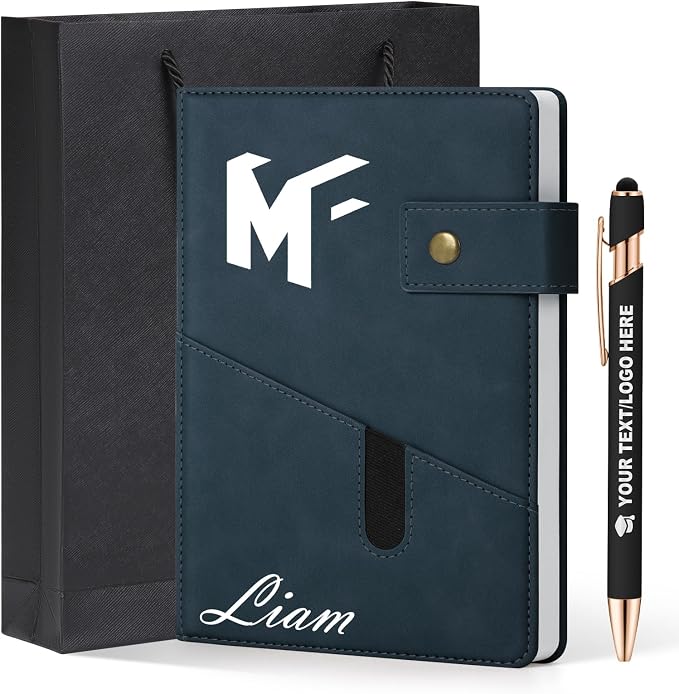 ENOMY A5 Personalized Notebook Journal with Pen & Gift Set Custom Hardcover Notebook 200 Pages Thick Daily Diary for Men Women Lined Journal for Work College Travel Writing, Dark Blue