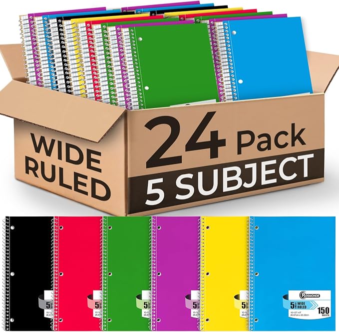 Rosmonde 24 Pack Spiral Notebook, 5 Subject, 300 Pages/Book (150 Sheets), Wide Ruled, 8 x 10-1/2, Bulk Subject Notebooks for Office & School, Office Spiral Notebooks, Soft Cover, Assorted Colors