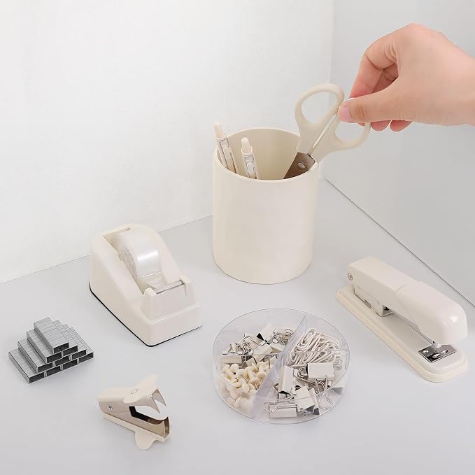 Office Supplies Set – All-in-One Desk Accessories Kit with Stapler, Tape Dispenser, Scissors, Clips & Remover, Cute Desk Organizer Set for Home Office, School & Workspace Organization