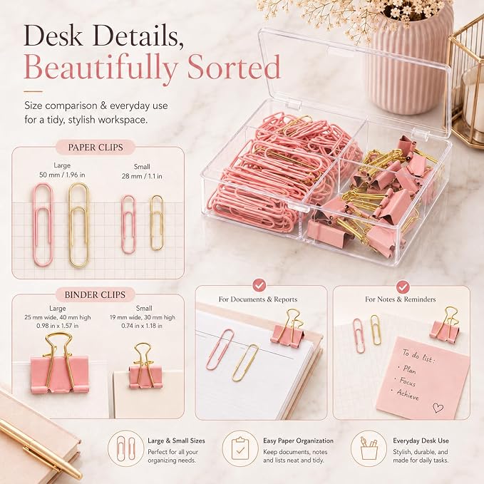 Pink and Gold Paper Clips Binder Clips Set with Storage Box, 165 Psc, Assorted Size Decorative Office Clips, Cute Desk Accessories for School, Home Office, Planner, Journal and Documents