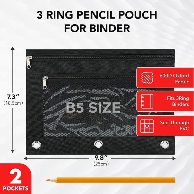 3 Ring Pencil Pouch for Binder, 2-Pocket Zipper Pencil Case with Clear Window & Mesh Pocket, 600D Oxford Fabric Binder Pouch for School Office Supplies, Fits Standard 3-Ring Binders, Black