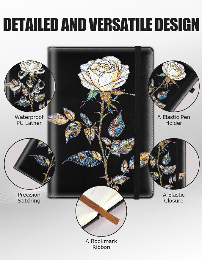 Hardcover Executive Notebooks, A5 PU Leather Lined Journal Notebook, 200 Pages Thick Paper Subject Notebooks for School,Work,Home Writing Business Notebook, Diary Book ，Stained Glass Rose Flower