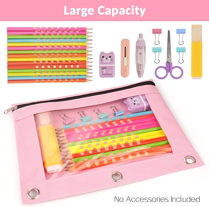 Sooez Pencil Pouch for 3 Ring Binder, 2 Pack Binder Pencil Pouch with Clear Window Pencil Bags with Zipper & Reinforced Grommets, Pencil Case for binder Pink & Green