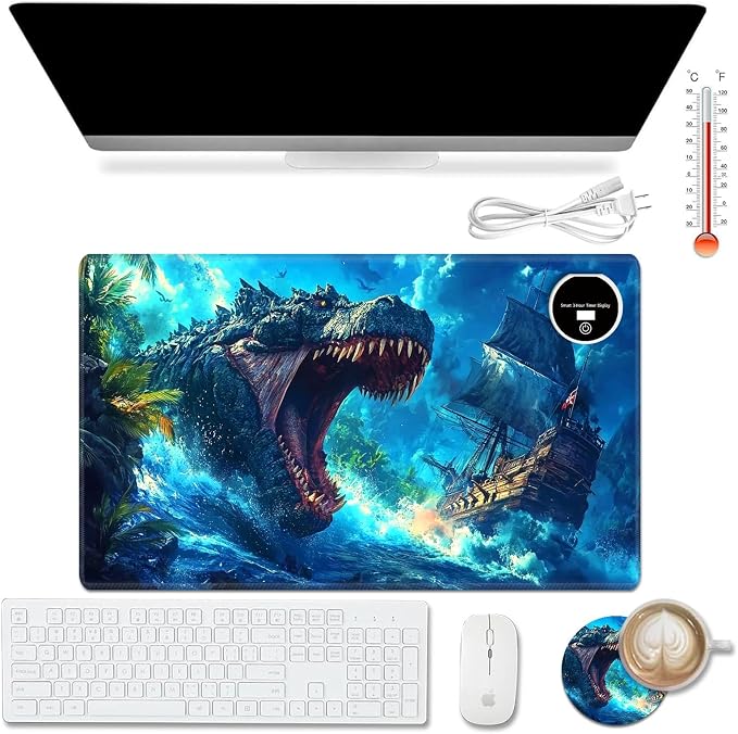 Heated Desk Pad Mouse Pad,Heated Desk Mat,with 3 Heating Levels & 3 Hours Auto Shut-Off,Leather 23.6"*14.2" Gaming Mouse Laptop Mat,Foot Warmer,Blue Dinosaur Ocean