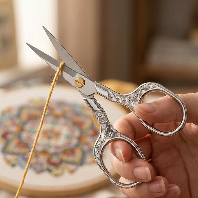 Silver Stainless Steel Scissors with Leather Cover, 5" Sharp Embroidery Scissors for Precise Cutting, Ultra-Sharp Vintage Needlepoint Snips for Yarn, Fabric & Crafts, Professional Metal Crafting Tool