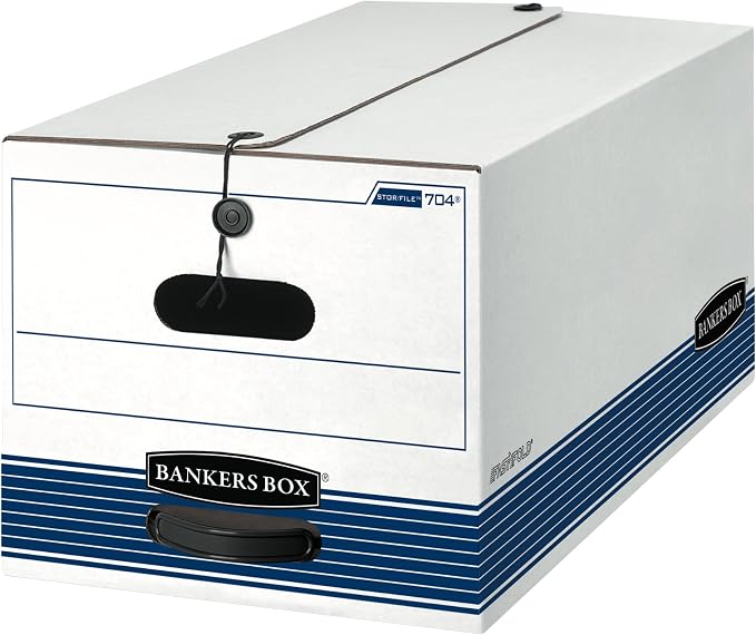 Bankers Box 12-Pack String & Button Medium-Duty File Box, Letter, FastFold | Keep important records buttoned up with secure closure, FastFold setup, reinforced handles, and stackable strength.
