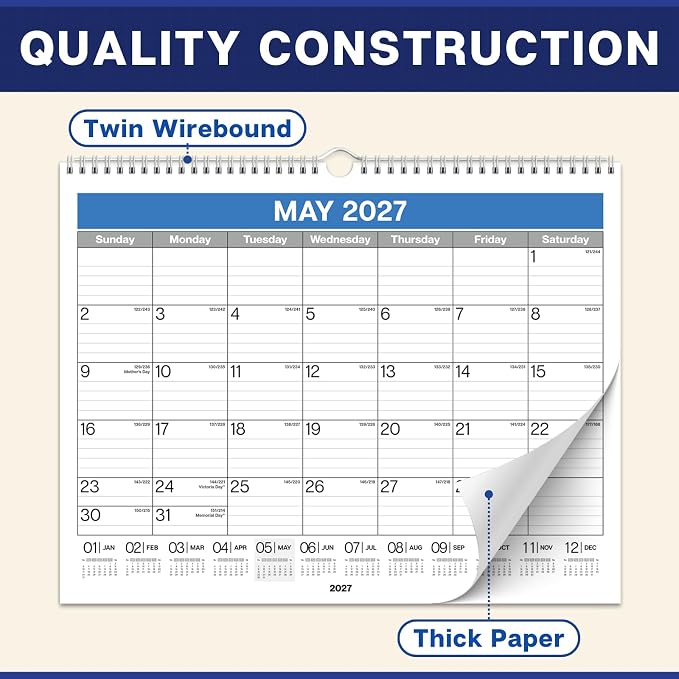 Dunwell Wall Calendar 2026-2027, 15" x 12", Jul. 2026 to Dec. 2027, 18 Months Monthly Planner with Thick Paper, Twin-Wire Binding, Large Hanging Calendar for School, Office Organizing, Easy Read