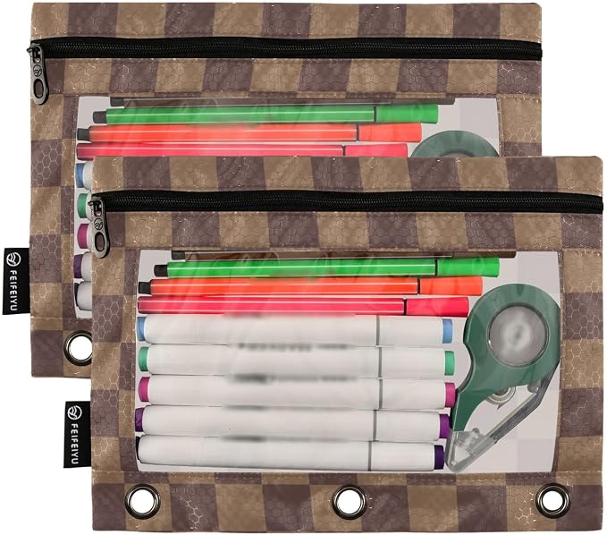 ALAZA Brown Checkerboard B Pencil Pouch for 3 Ring Binder 2 Pack Zipper Binder Pencil Bag Case with Clear Window Office Supplies