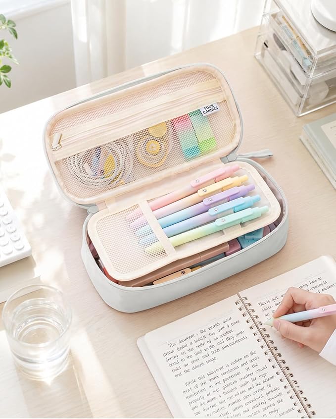 Four Candies Large Pencil Case, 5 Compartments Pen Organizer, Big Capacity Canvas Pencil Pouch Bag for School Supplies, Portable Stationery Holder for Teen Girls, Women (Light Gray)