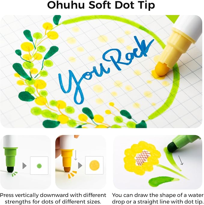 Ohuhu Journal Pens 24 Colors Dot Markers Dual Tip Coloring Markers - Kumimi | Calligraphy Brush & Dot for Adults Water-based Metallic & Regular Colors Dot Pens for Lettering Journal Scrapbooking