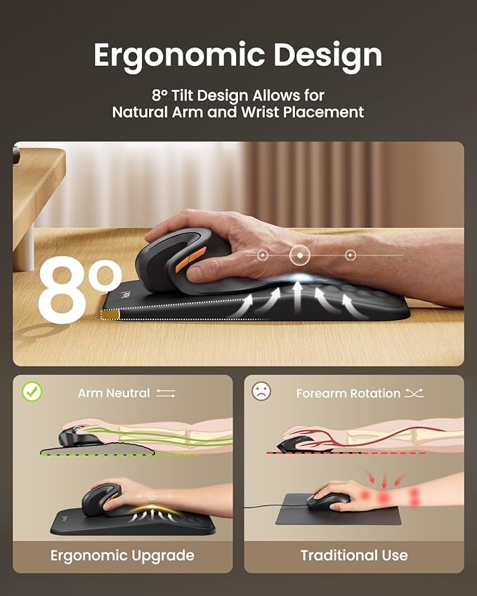 ProtoArc MP50 Ergonomic Mouse Pad with Wrist Rest, PU Leather, Black | 8° slope & massage points, soft memory foam, Large 12x8 Inches, Non-slip base. Relieves wrist strain for office & home