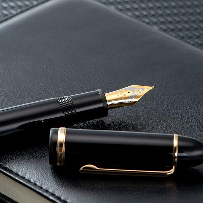 Jinhao X159 Black Acrylic Fountain Pen, Size 8 Medium Nib Gold Trim Classic Design Smooth Writing Pen with Converter