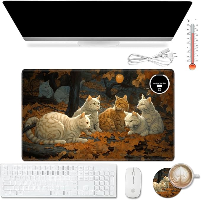 Heated Desk Pad Mouse Pad,Heated Desk Mat,with 3 Heating Levels & 3 Hours Auto Shut-Off,Leather 23.6"*14.2" Gaming Mouse Laptop Mat,Foot Warmer,Maple Leaves Cat