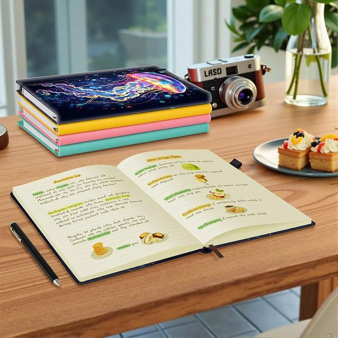 Hardcover Executive Notebooks, A5 PU Leather Lined Journal Notebook, 200 Pages Thick Paper Subject Notebooks for School,Work,Home Writing Business Notebook, Diary Book ，Colorful Jellyfish