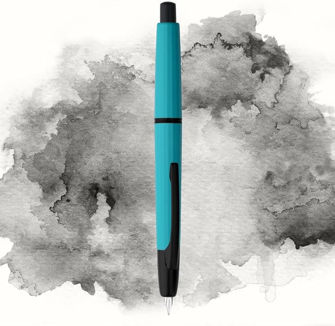 erofa Majohn A2 Press Fountain Pen Extra Fine Nib with Box, Retractable Lake Blue Resin Ink Pen with Converter Writing Set (Black Clip Version