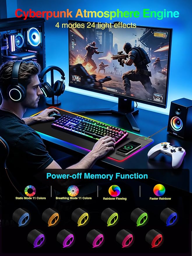 Wireless Charging Mouse Pad Gaming, 31.5"x11.8" Large Desk Mat, Waterproof | RGB Mousepad, Smooth Glide, Stitched Edge, Non-Slip Rubber Base, Desk Pad Computer Keyboard Mat, No Adapter